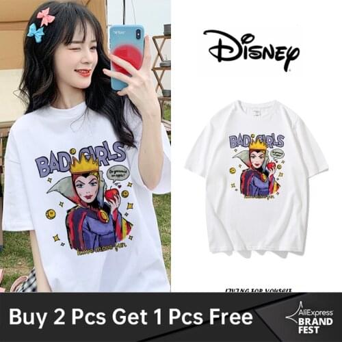 2021 Disney Fashion Snow White The Evil Queen VILLAIN Cartoon Print T-Shirt O-Neck Pullover Short Sleeve Casual Women Tee Tops
