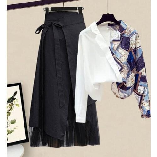 Large size womens 100.00kg fat sister spring Outfits womens foreign style stitching shirt slim skirt two Outfits