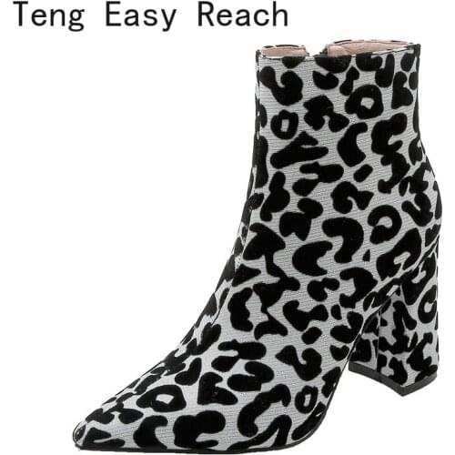 Women Leopard Ankle Boots Fashion Pointed Toe Square High Heel Ladies Short Boots Side Zipper Women Autumn Winter Shoes Big Size