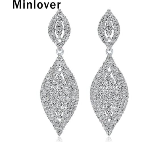 Minlover Silver Color Rhinestone Women Drop Earrings for Brides Leaf Bridal Dangle Earrings Wedding Engagement Jewelry MEH1510