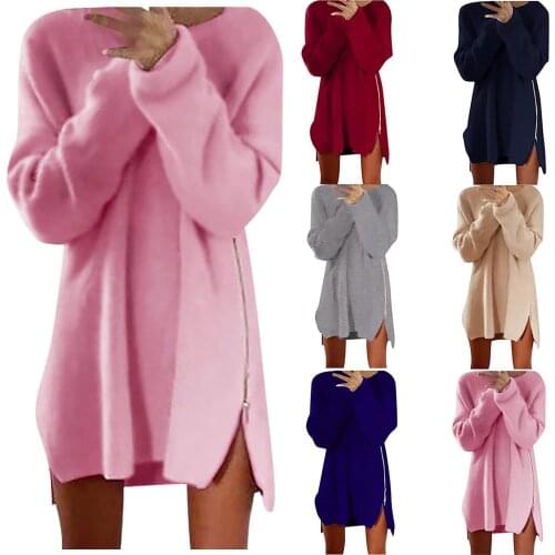 Woman Sweater Maxi Winter Top Female Women Korean Fashion Casual Soild Loose O-Neck Long Sleeve Zipper Thin Plush Sweaters