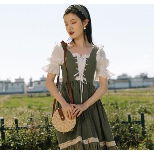 2021 Halloween Cosplay Medieval Vintage Green Long Princess Fake Two Women High Quality Hollow Out Lace Dress Lantern Sleeve