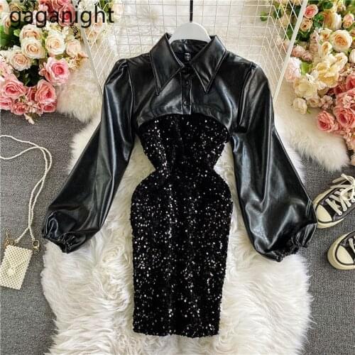 Gaganight Sexy Women PU Leather Shawl Dress Long Sleeve Slip Bodycon Black Party Dresses Female Chic Fashion 2021 New Vestidos