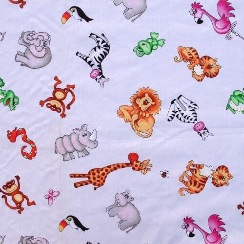 1 yard Cotton Twill Fabric for sewing pathwork, cloth, bedding - Animal, deer, elephang, tiger, monky, chicken, frog (white)