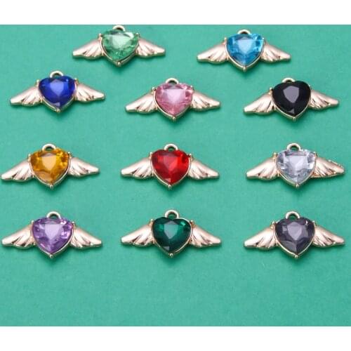 10pcs Angel Wings Crystal Heart Charms Pendant Jewelry Accessories With Hole Fashion DIY Jewelry Findings