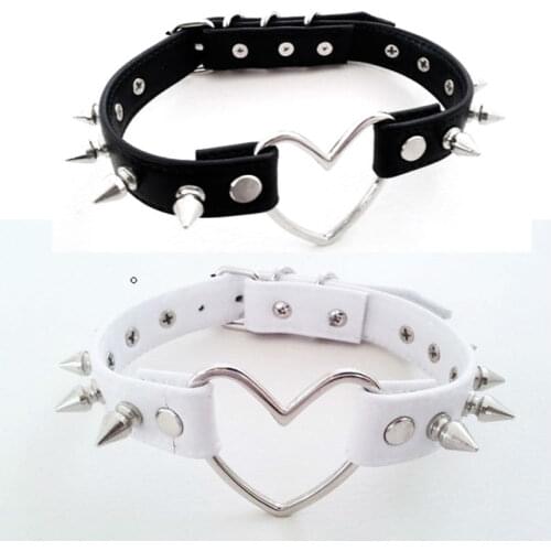 100% Handmade Harajuku Jewelry, Big Heart Leather Choker, Punk Rock Emo Studded Spikeds Collar Real Leather Collar Necklace
