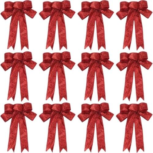 12 Pieces Christmas Ribbon Bows Glitter Christmas Bow Christmas Wreath Bow for Christmas Party Decoration