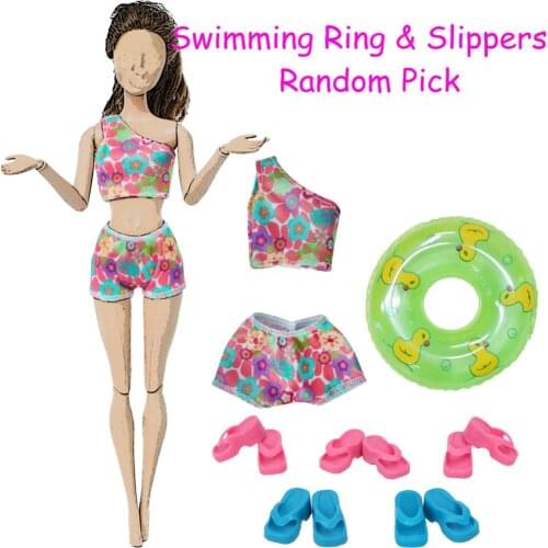 7 Pcs Doll Swimsuit Summer Beach Bathing Swimwear With Random Slippers Shoes Swimming Ring Accessories Clothes for Barbie Doll