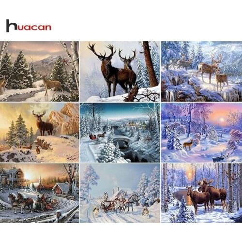 Huacan 5D DIY Diamond Painting Winter Landscape Full Square Drill Diamond Embroidery Cross Stitch Animals Rhinestone Mosaic