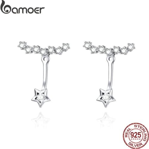 BAMOER Dazzling Star Ear Jackets 925 Sterling Silver Clear CZ Tiny Earrings for Women Health Fine Jewelry Gifts for Girl BSE175