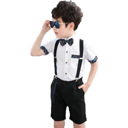 Brand Flower Boys Summer Wedding Party Overall Suits with Bowtie Formal School Kids Performance Suits Birthday Dress Bib Pants