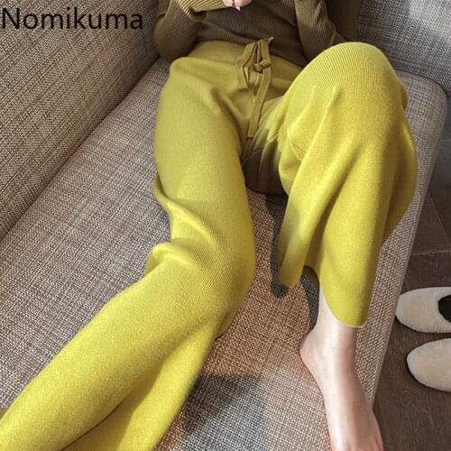 Nomikuma Knitted Women Wide Leg Pants Autumn Winter Korean Causal Solid Long Trousers Lace Up Stretch High Waist Pants 6C194