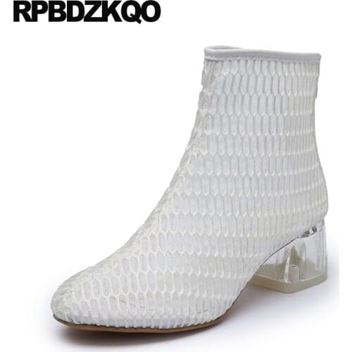 Clear Women Ankle Boots 2016 Round Toe White Cut Out Brand Booties Chunky High Heel Summer Mesh Shoes Transparent Size 4 2017