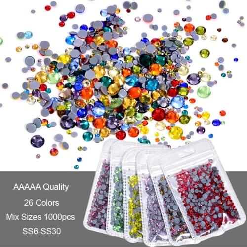 AAAA Quality Mix Sizes 1000pcs Hot Fix Rhinestones Colorful Flatback Crystal Strass Hotfix Rhinestones for Wedding Dress B1315