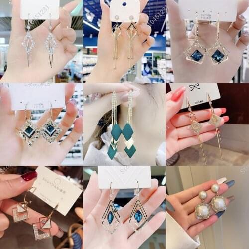 Geometric Earrings Japanese and Korean Luxury Women Girls Square Earrings Multi Kinds Diamond Pendant 2021 Hot Summer Gift