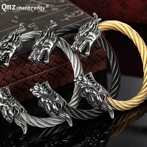 Hip hop Cool Men Double Dragon Head Cuff Bracelets Gold black Stainless Steel Adjustable Wire Bracelet Bangle Men Jewelry
