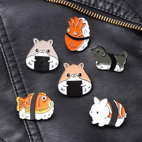 Mini Animal Women Lapel Pins Fashion Hamster Octopus Enamel Badges Cartoons Anime Brooches Metal Gothic Sushi Style Hijab Pins