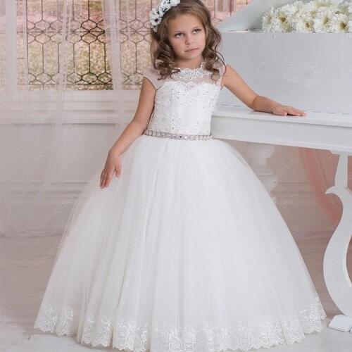 Fashion Romantic Flower Girl Dresses Beaded belt Puffy Lace For Sleeveless Tulle Communion Get Together Pageant Dresses