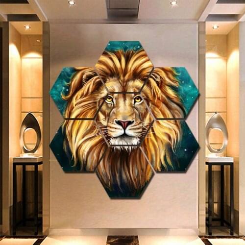 Framed Lion Painting Hexagonal Canvas Set 7 pieces hexagon canvas painting print wall pictures for living room framework