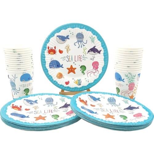 48pcs Seaworld Marine Animals Party supplies kids birthday party tableware set, 24pcs plates dishes and 24pcs cups glasses