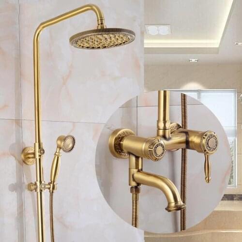 New Arrival luxury Retro Bathroom Wall Mounted Carving Hand Held Antique Brass Shower Head shower Kit Shower Faucet Set