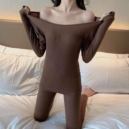 Autumn Women Long Sleeve Blouse Pants Skinny Thermal Underwear Set Home Outfit