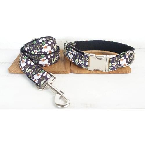 Black CHRYSANTHEMUM Dog or Cat Collar or Leash with Bows Design with Cotton Webbing Free Engrave Name ID
