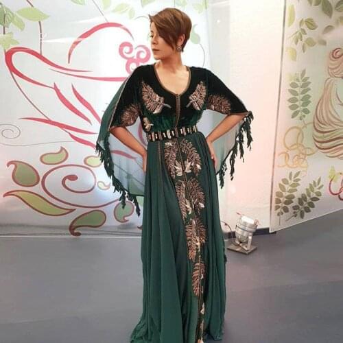 Drak Green Moroccan Caftan Evening Dress V-Neck Floor Length Summer Dress With Applique Dubai Muslim Special Occasion Prom Dress