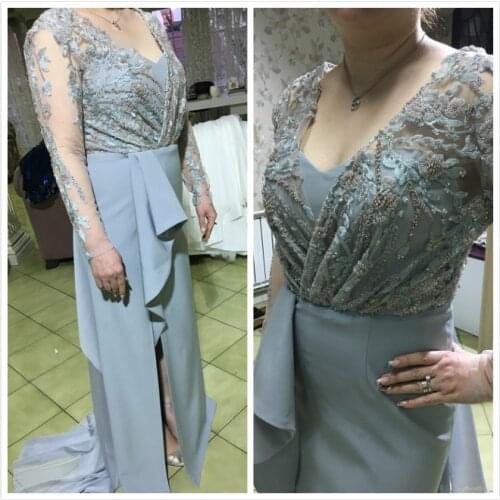 Sexy Arabic Lace Beaded Mother Of Bride Dresses Long Sleeves Sheath Mother Of Groom Dresses Cheap Formal Evening Party Gowns