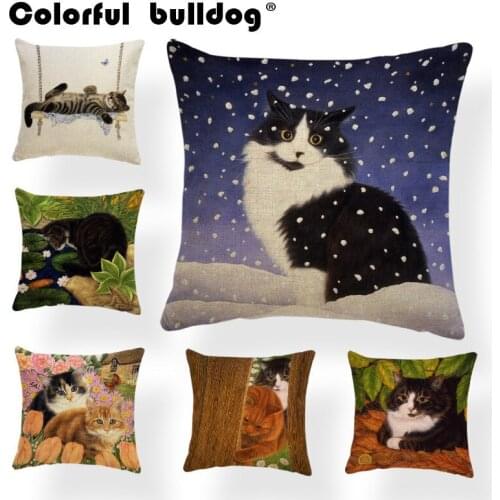 Warm Cat Cushion Cover Play Swing Sleep Catching Fish Butterfly Comfortable Happy 45X45Cm Polyester Room Decorative Pillow Case