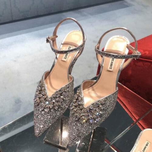 Summer new style fashion women pumps silver glitter strass crystal point toe high heels ankle strappy bride wedding shoes