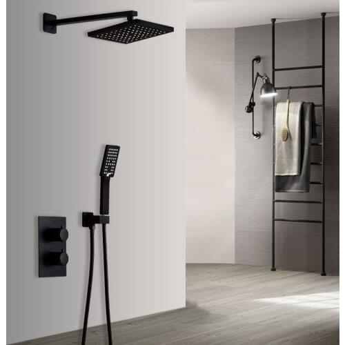 Bathroom Brass Shower Faucet Set In-Wall Rain Fall Black Shower Tap Wall Mounted Mixer Crane 8" Shower Head with ABS handheld