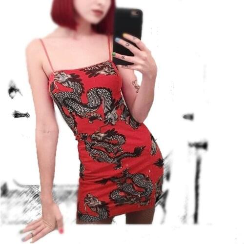 Vintage dragon print spaghetti strap dress punk streetwear sexy club mini dress dark gothic strapless summer party womens dress