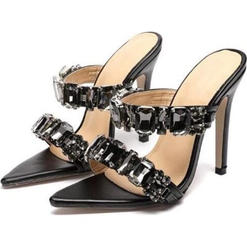 Women sandals PU Slip On 11cm Thin Heels High heels Pointed Toe Rhinestones Shallow women shoes sandalias mujer 2020 size 35-42