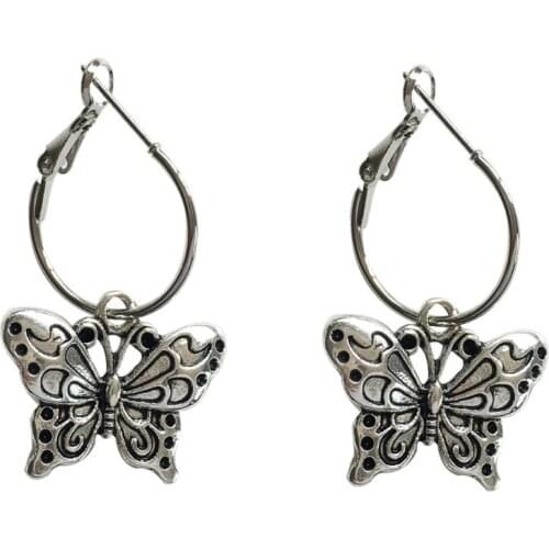 Hoop Earrings Vintage Silver color Butterfly Pendant Earrings Women Fashion Jewelry F3MD