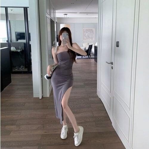Long Tube Top Slit Dress Feminine Sense Banquet Party Clothes Slim Bag Hip Solid Color Dress Summer 2021 A105