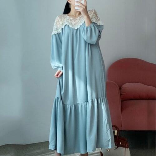 Women Blue Big Size Lace Mid-long Dress New Round Neck Long Sleeve Loose Fit Fashion Tide Spring Autumn 2021 Z838