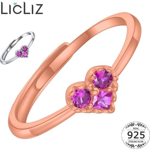 LicLiz 925 Sterling Silver Heart Rings For Women Pink Cubic Zirconia Engagement Ring Promise Wedding Band Adjustable Ring LR0407
