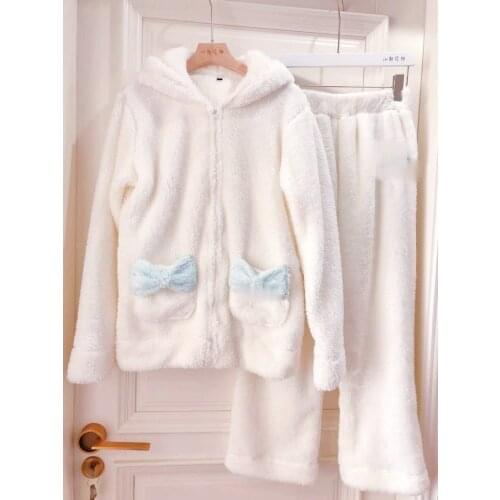 1set Cosplay women Sweatshirt Two Piece Pajama Coral Fleece Thick Warm Winter Women Cartoon Kawaii White Hoodies Trousers