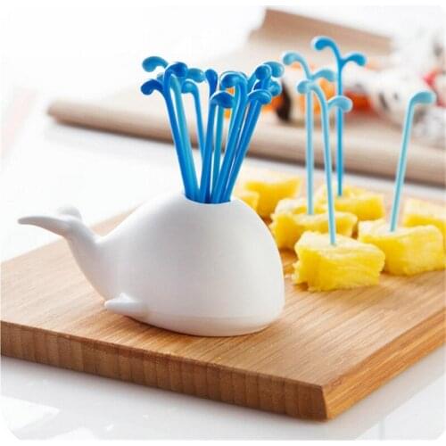 1set Novelty Toothpick Gadget Whale Kitchen Fruit Forks Party Utensils Plastic Spouting Reusable Picks Holder Stand