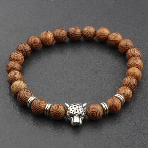 Natural Sandalwood Rosary Bracelet Men Leopard head Bracelets Bangles Women Wood Beads Cross Jewelry
