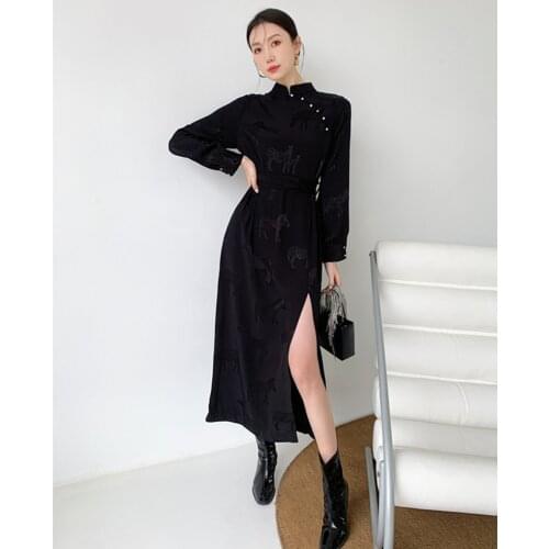 Black Side Slit Zebra Jacquard Cheongsam Elegant Sexy Chic Long Dress