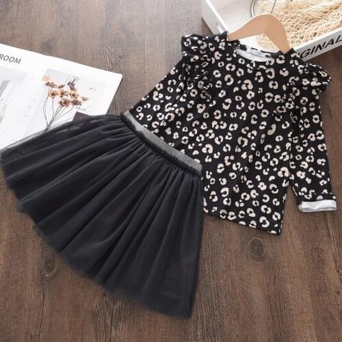 Childrens Casual Clothing Sets Autumn Fall Girl Leopard Ruffles T-Shirt Mesh Skirts Outfits Kids Full SLeeve Clothes Suits 3-8Y