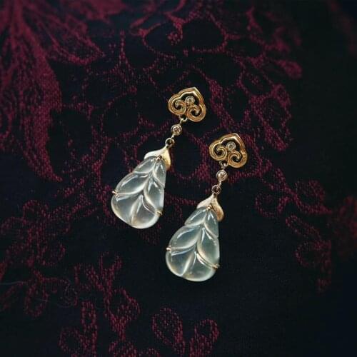 Designer original natural white ice chalcedony plantain fan earrings elegant charm creative retro female silver jewelry