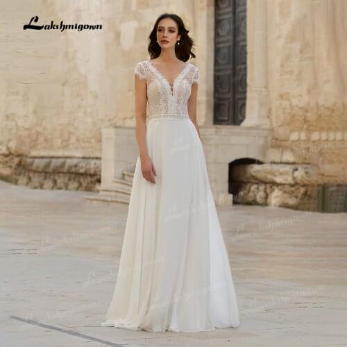 Elegant Bohemian A Line Wedding Dress 2021 Cap Short Sleeve Boho Wedding Gown Simple V-Neck Chiffon Bridal Gown vestido de noiva