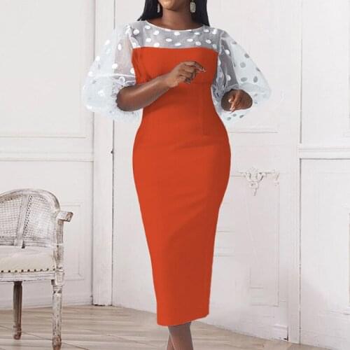 Elegant Summer Dresses See Through Lantern Sleeve Polka Dots Midi Bodycon Plus Size Formal Dresses Women Party Birthday Outfits