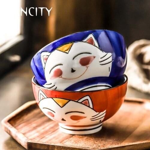 FANCITY 2-piece Cartoon Cat Bowl Ceramic Rice Bowl Cute Kitten Design Salad Bowl Maneki Neko Gift Household Dinnerware 4.5 inch