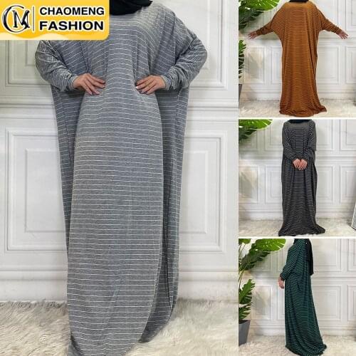 Eid Modest Stripe Maxi Turkey Islamic Clothing Bat Sleeve Casual Loose Free Size Muslim For Women Hijab Dress Kaftan Dubai Abaya