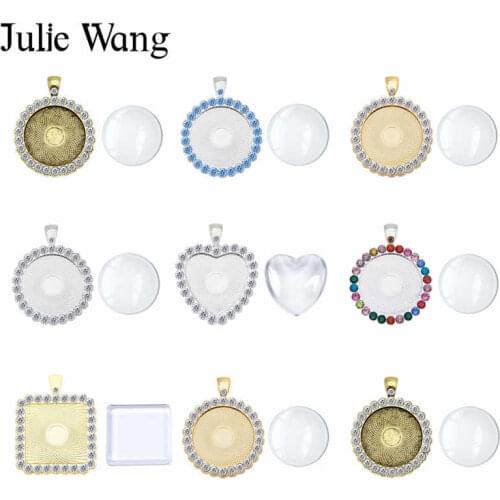 Julie Wang 1PCS Rhinestone Cabochon Setting Alloy Tray Bezel Blank Charms With Glass Necklace Bracelet Jewelry Making Accessory