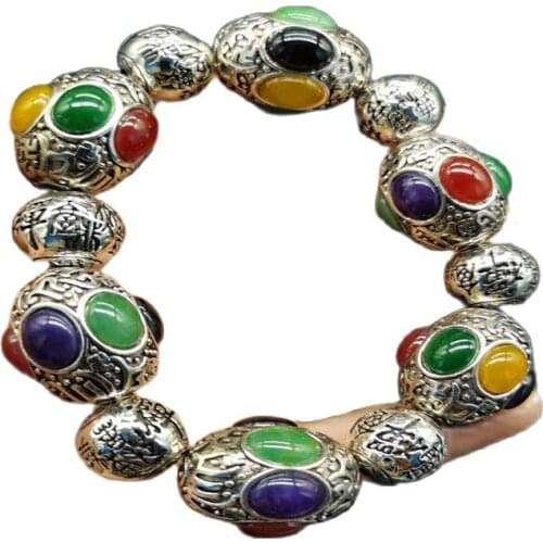 Chinese Old Tibet Silver Carving Inlaid With Jade Beads Inlaid With Tibetan Silver Bracelet